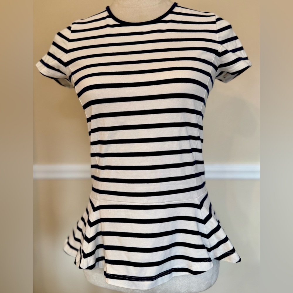 Lauren Ralph Lauren Navy & White Striped Peplum Top | Size S | Stretchy Cotton